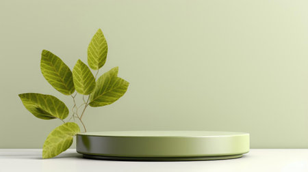 podium design for product display or product stand with leaf ornaments and minimalist backgroundの素材