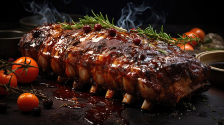 smoky barbeque ribs with barbeque sauce and chopped vegetables on a wooden tableの素材