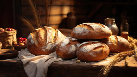 fluffy bread sprinkled with white sugar on a wooden table with blurred backgroundの素材