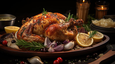 roasted chicken and garlic topped with greens and lemon on a wooden table with blur backgroundの素材