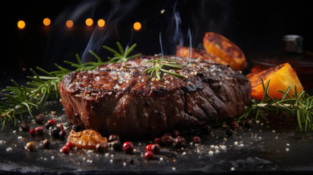 Grilled steak with melted barbeque sauce on a black and blurry backgroundの素材