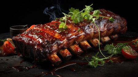 smoky barbeque ribs with barbeque sauce and chopped vegetables on a wooden tableの素材