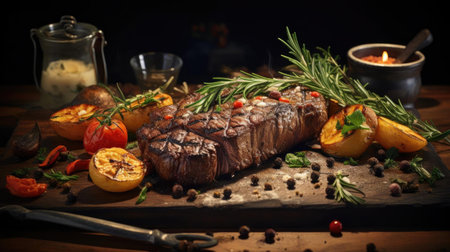 Grilled steak with melted barbeque sauce on a black and blurry backgroundの素材