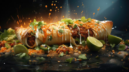 chimichanga full of vegetables, meat and mayonnaise prints on wooden table with blurred backgroundの素材