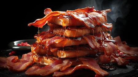 crispy bacon with melted oil on black and blurry backgroundの素材