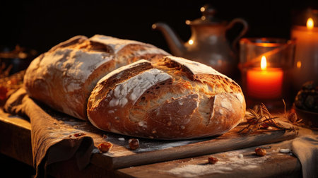 fluffy bread sprinkled with white sugar on a wooden table with blurred backgroundの素材