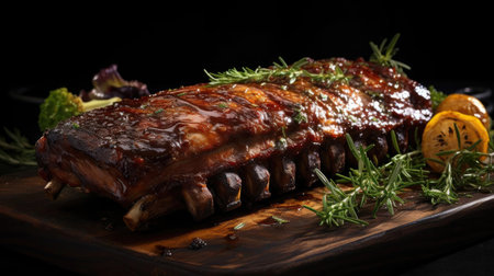 smoky barbeque ribs with barbeque sauce and chopped vegetables on a wooden tableの素材