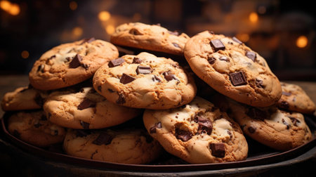 pile of crunchy and sweet chocolate cookies topped with chocolate granulesの素材