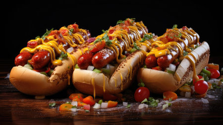 hotdog with a large sausage filled with melted mayonnaise and a sprinkling of chopped greensの素材
