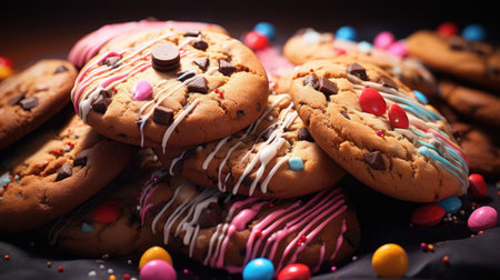 pile of crunchy and sweet chocolate cookies topped with chocolate granulesの素材
