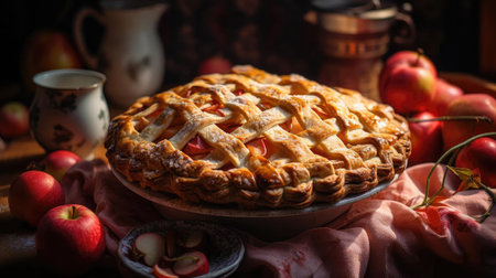 sweet apple pie with white sugar sprinkles on a wooden tray and blurred backgroundの素材