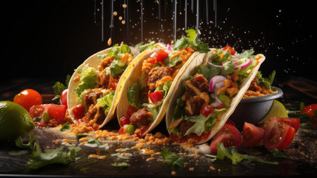 tacos filled with vegetables, meat and melted mayonnaise on a wooden table with blurred backgroundの素材