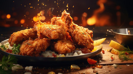 perfect view close up crispy chicken tenders with blur and background cinematicの素材
