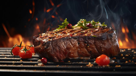 Grilled steak with melted barbeque sauce on a black and blurry backgroundの素材