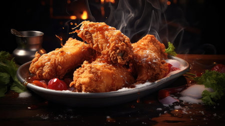 Crispy fried chicken with sweet and sour sauce on a wooden table with a blurred backgroundの素材