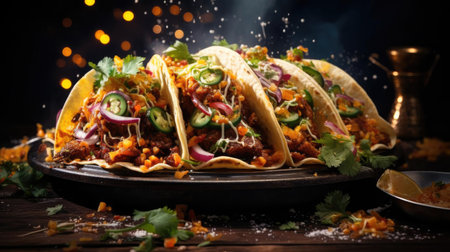 tacos filled with vegetables, meat and melted mayonnaise on a wooden table with blurred backgroundの素材
