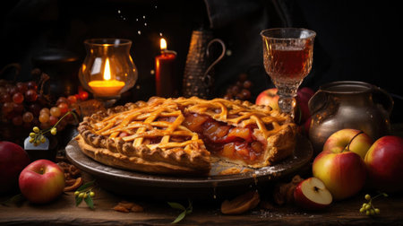 sweet apple pie with white sugar sprinkles on a wooden tray and blurred backgroundの素材