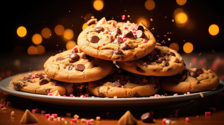 pile of crunchy and sweet chocolate cookies topped with chocolate granulesの素材