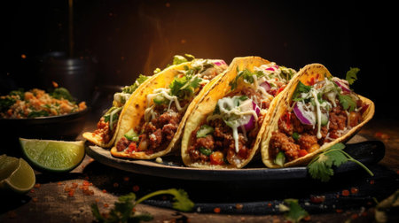 tacos filled with vegetables, meat and melted mayonnaise on a wooden table with blurred backgroundの素材