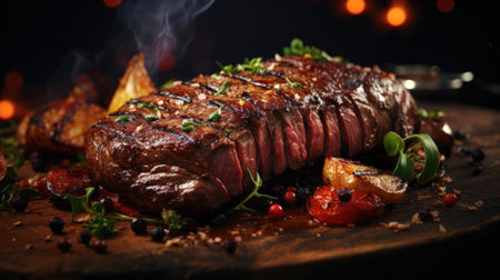Grilled steak with melted barbeque sauce on a black and blurry backgroundの素材