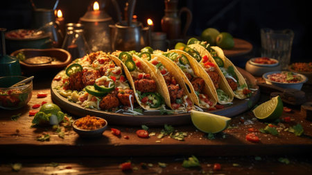 tacos filled with vegetables, meat and melted mayonnaise on a wooden table with blurred backgroundの素材