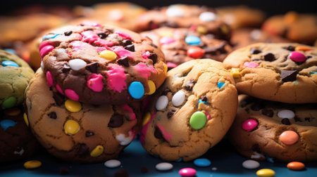 pile of crunchy and sweet chocolate cookies topped with chocolate granulesの素材