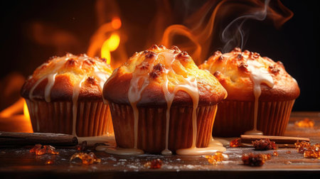 sweet muffins topped with chocolate chips with cinematic light and blurred backgroundの素材