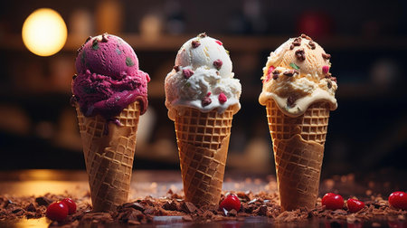 sweet ice cream of various colors and filled with fruit, cream and chocolate sprinklesの素材