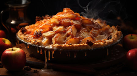 sweet apple pie with white sugar sprinkles on a wooden tray and blurred backgroundの素材