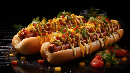 hotdog with a large sausage filled with melted mayonnaise and a sprinkling of chopped greensの素材
