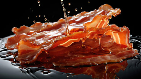 crispy bacon with melted oil on black and blurry backgroundの素材