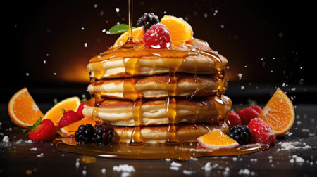 pile of pancakes with melted sweet syrup and fruit toppings with a blurred backgroundの素材