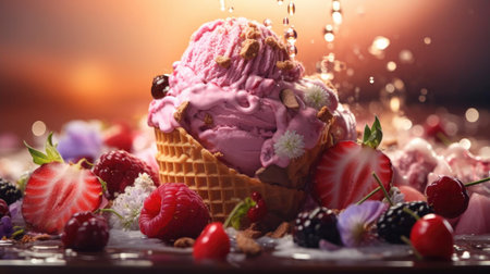 sweet ice cream of various colors and filled with fruit, cream and chocolate sprinklesの素材