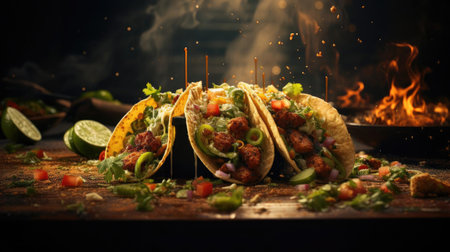 tacos filled with vegetables, meat and melted mayonnaise on a wooden table with blurred backgroundの素材