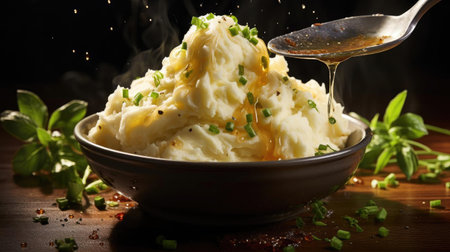 mashed potatoes with sprinkled green leaves on table with blurred backgroundの素材