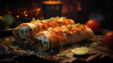 chimichanga full of vegetables, meat and mayonnaise prints on wooden table with blurred backgroundの素材