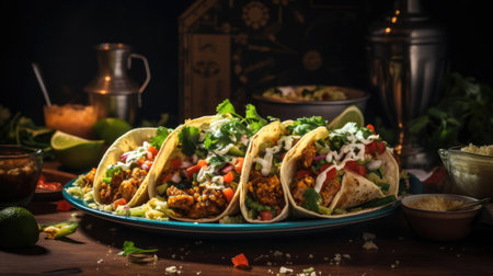 tacos filled with vegetables, meat and melted mayonnaise on a wooden table with blurred backgroundの素材