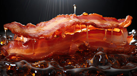 crispy bacon with melted oil on black and blurry backgroundの素材