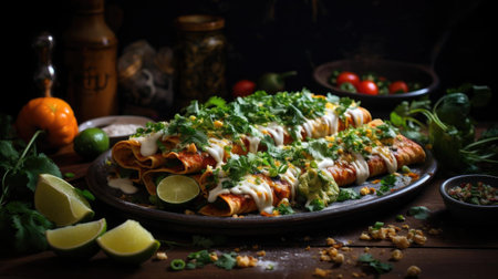 enchiladas stuffed with vegetables and meat with melted mayonnaise on a wooden tableの素材