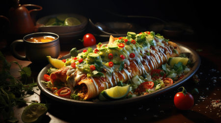 enchiladas stuffed with vegetables and meat with melted mayonnaise on a wooden tableの素材