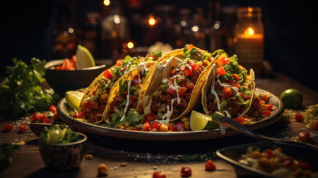 tacos filled with vegetables, meat and melted mayonnaise on a wooden table with blurred backgroundの素材