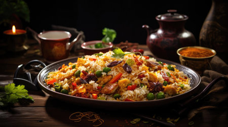 Fried rice with chopped vegetables and meat on a plate with a blurry backgroundの素材
