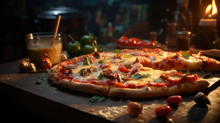 full pizza with vegetables and meat on wooden table with blur backgroundの素材