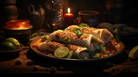 chimichanga full of vegetables, meat and mayonnaise prints on wooden table with blurred backgroundの素材