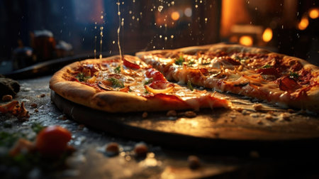 full pizza with vegetables and meat on wooden table with blur backgroundの素材