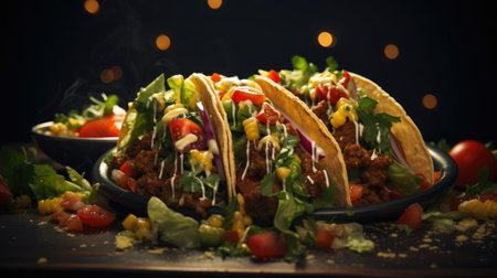 tacos filled with vegetables, meat and melted mayonnaise on a wooden table with blurred backgroundの素材