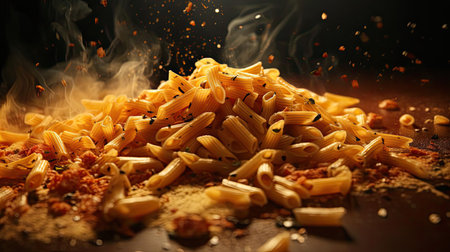 savory pasta, salty, with cut vegetables on a plate on a blurred backgroundの素材
