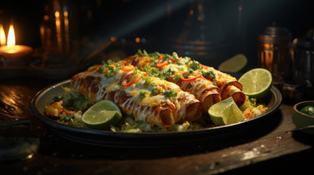 enchiladas stuffed with vegetables and meat with melted mayonnaise on a wooden tableの素材