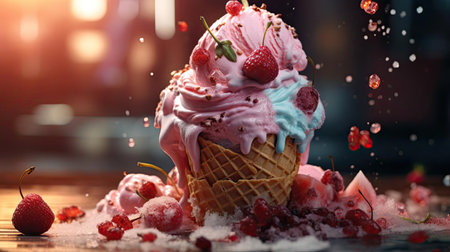 sweet ice cream of various colors and filled with fruit, cream and chocolate sprinklesの素材