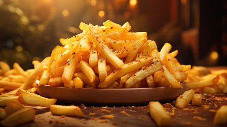 crispy french fries, crunchy, salty, tasty, with cinematic light and blur backgroundの素材